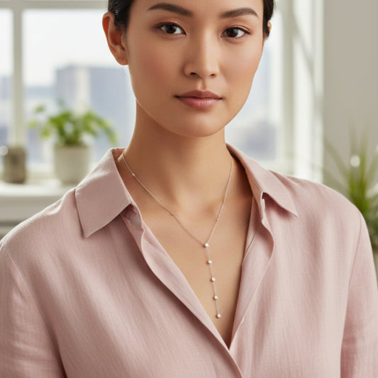 Woman wearing a pink shirt with a blurred indoor background