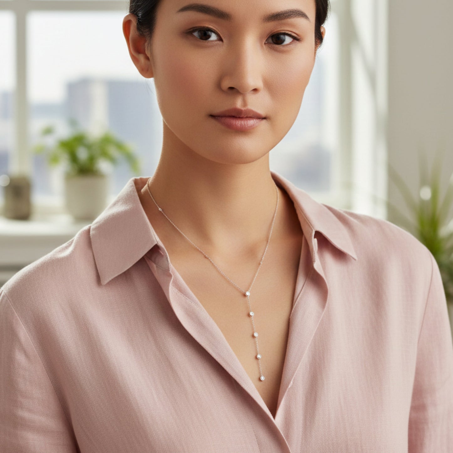 Woman wearing a pink shirt with a blurred indoor background