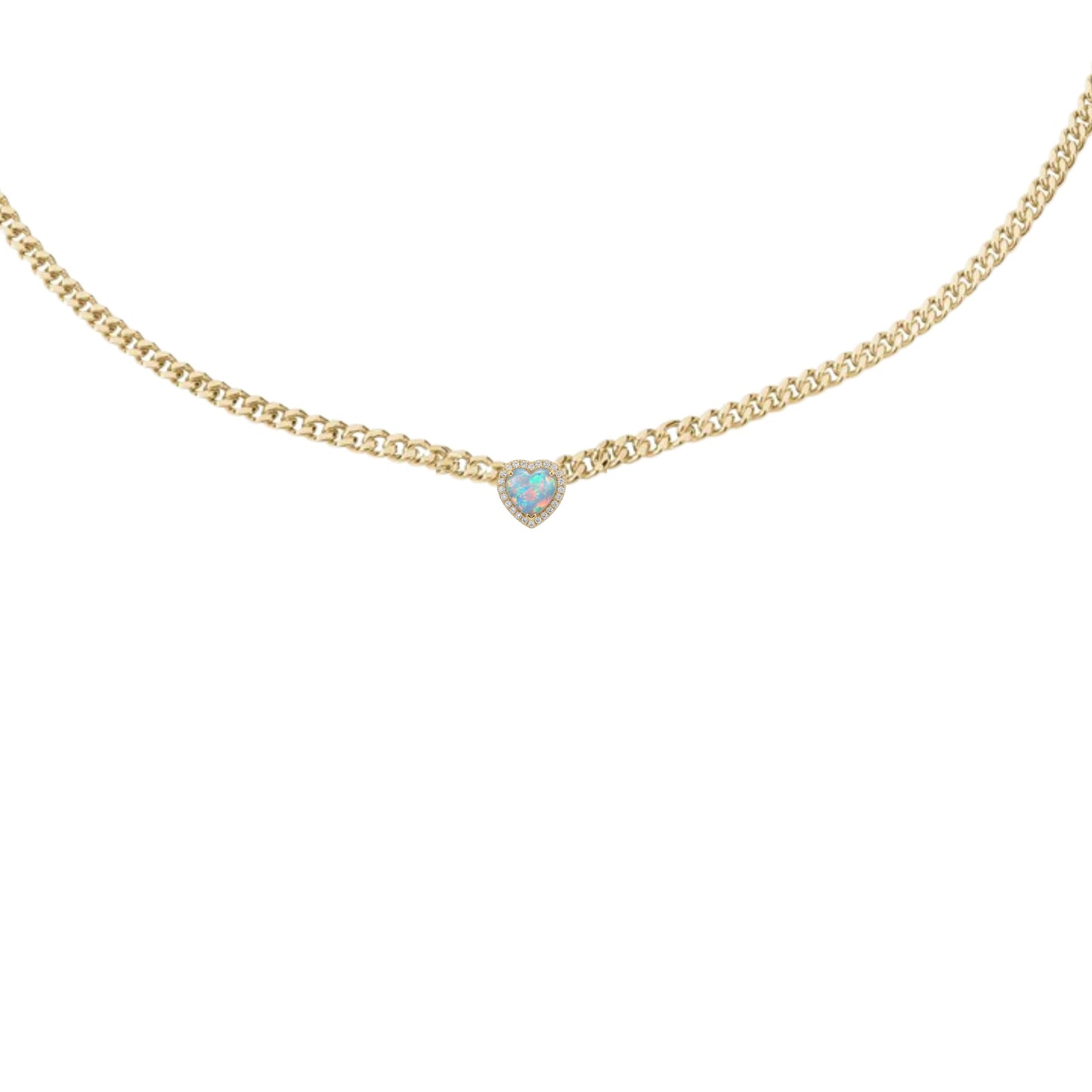 Gold necklace with a heart-shaped blue gemstone on a white background