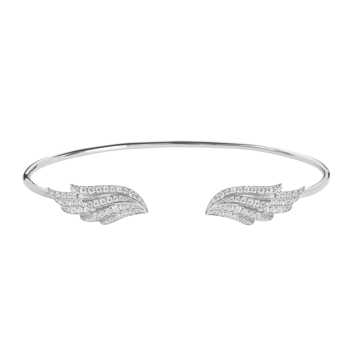 Angel Wing Sterling Silver Bangle image 0. The BLOOMTINE Angel Wing Bangle in White Rhodium-plated Sterling Silver. Featuring 98 hand-set brilliant-cut moissanites across two ethereal wings, this sculptural open-cuff design offers 360-degree cosmic fire and serves as a symbolic talisman for protection and grace
