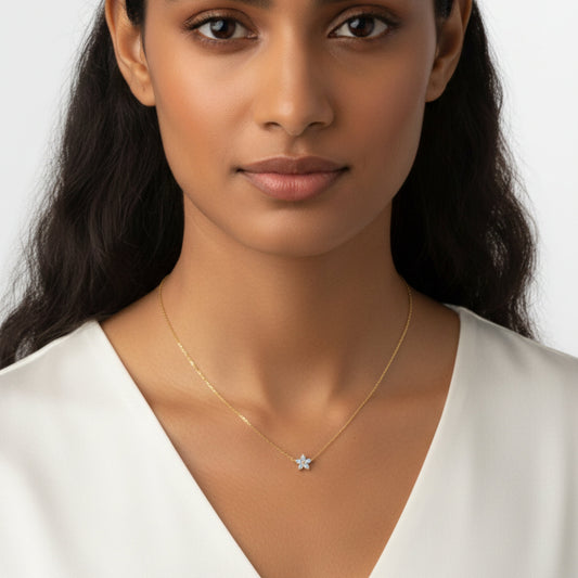 Model wearing the Bloomtine gold flower pendant necklace. Luxury 18k gold vermeil celestial jewellery for women, featuring a minimalist flower charm and adjustable gold chain.