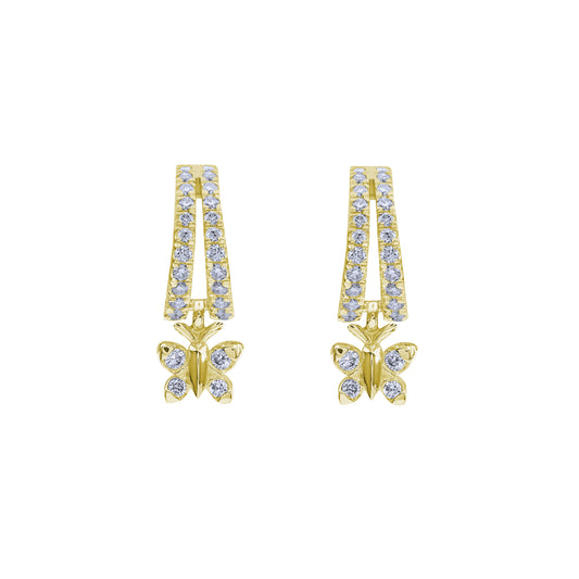 BLOOMTINE Enchanting Flutterfly™ Huggie Earrings in 18k Gold Vermeil. These symbolic butterfly charms, set with brilliant lab-grown moissanites, represent transformation and resilience, providing a mesmerizing sparkle that moves with the wearer