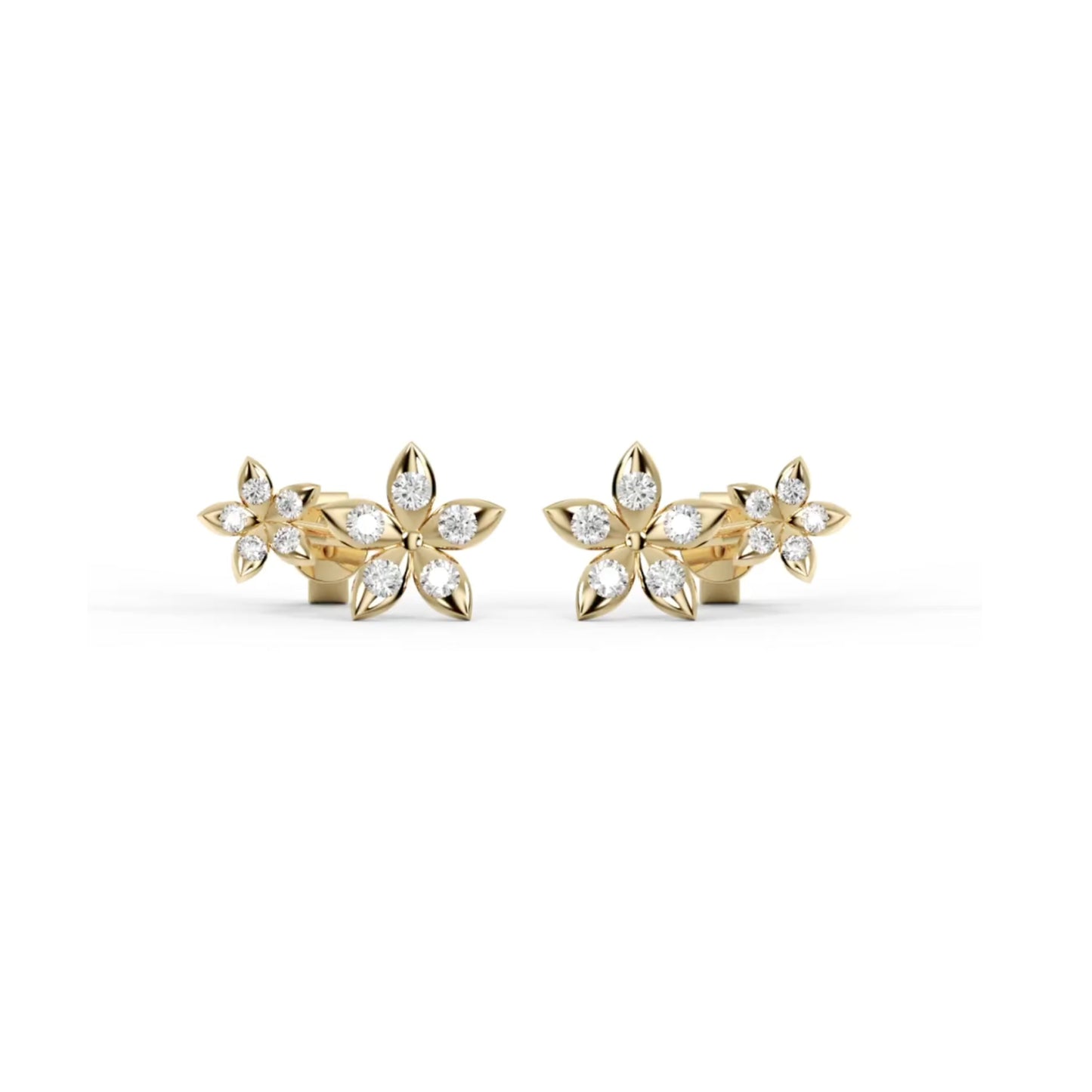 Bloomtine-gold-vermeil-flower-studs. A high-resolution-product-shot of a pair-of-gold-flower-shaped-earrings shown on a crisp-white-background. These 18kt-gold-vermeil-studs are designed-for-gifting, featuring a minimalist-botanical-blossom-design and crafted-with-a-925-sterling-silver-base. These-dainty-floral-earrings make an-elegant-jewellery-gift-idea-for-her, highlighting the-polished-gold-finish and professional-craftsmanship of the Bloomtine-brand.