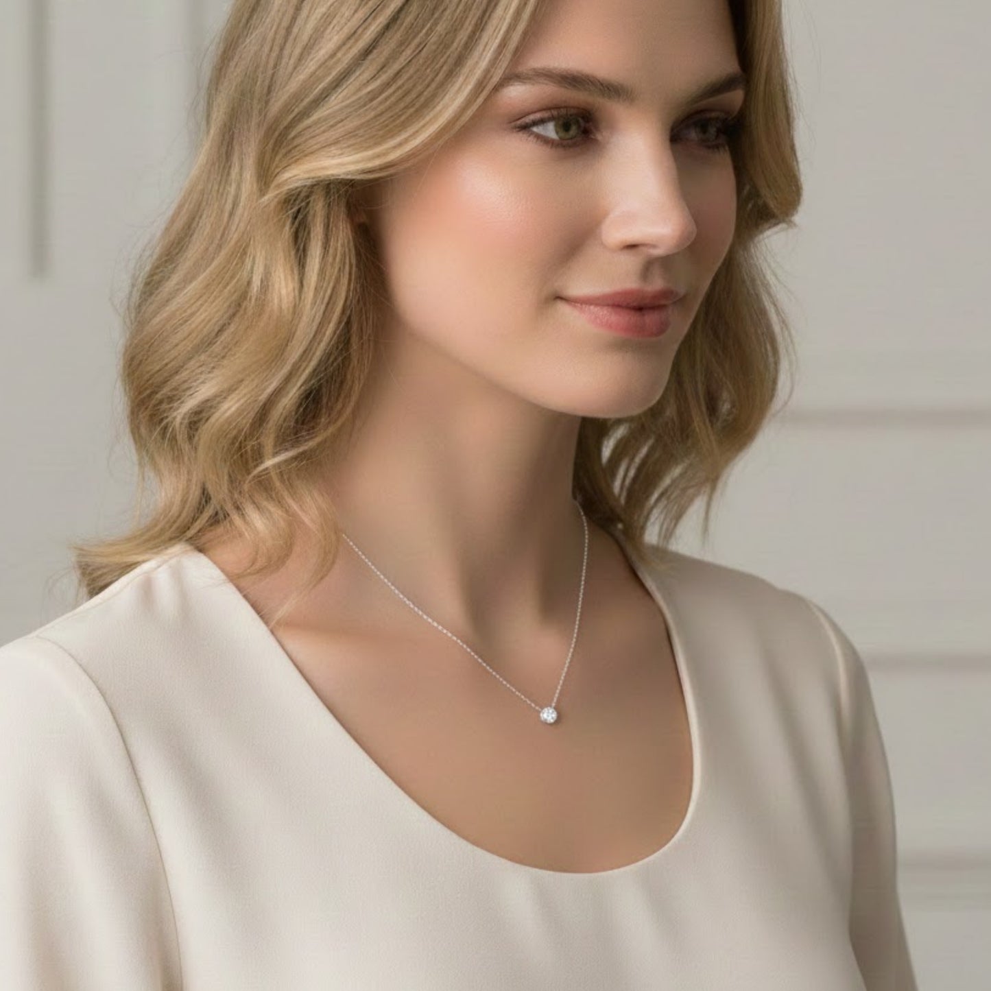 BLOOMTINE 6mm Moissanite Bezel Necklace in premium sterling silver. Coated in a generous layer of white rhodium, this ethical, conflict-free lab diamond alternative offers extraordinary durability and a high-luster finish, shown in a professional lifestyle shot on a neutral backdrop