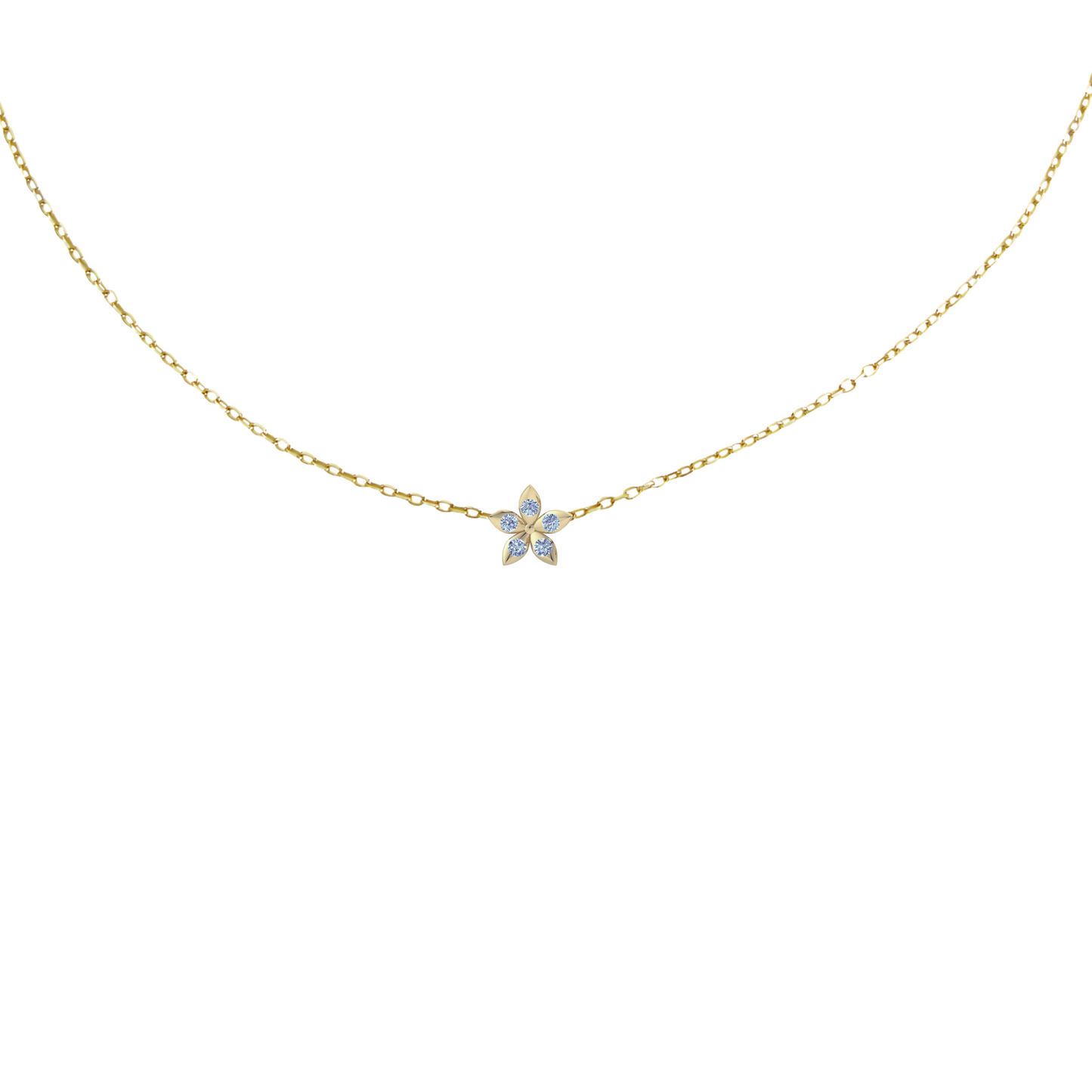 Small gold flower pendant necklace by Bloomtine. High-quality 18k gold vermeil jewelry for women, featuring a minimalist botanical blossom design on a white background