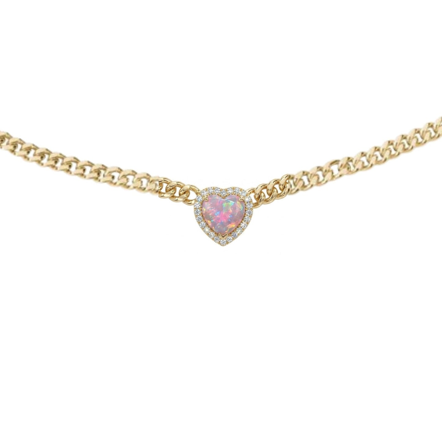 Gold necklace with a heart-shaped pink gemstone on a white background