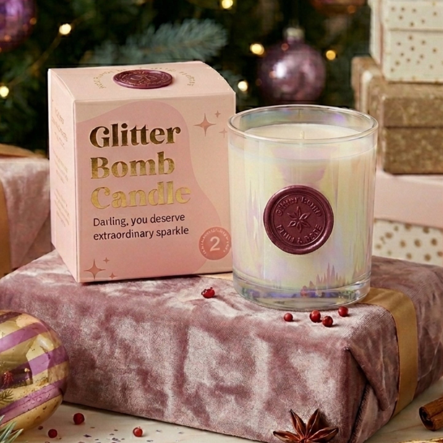 Plumphoria | Vela de Luxo Glitter Bomb™ com Aroma de Ameixa e Rosa 230g