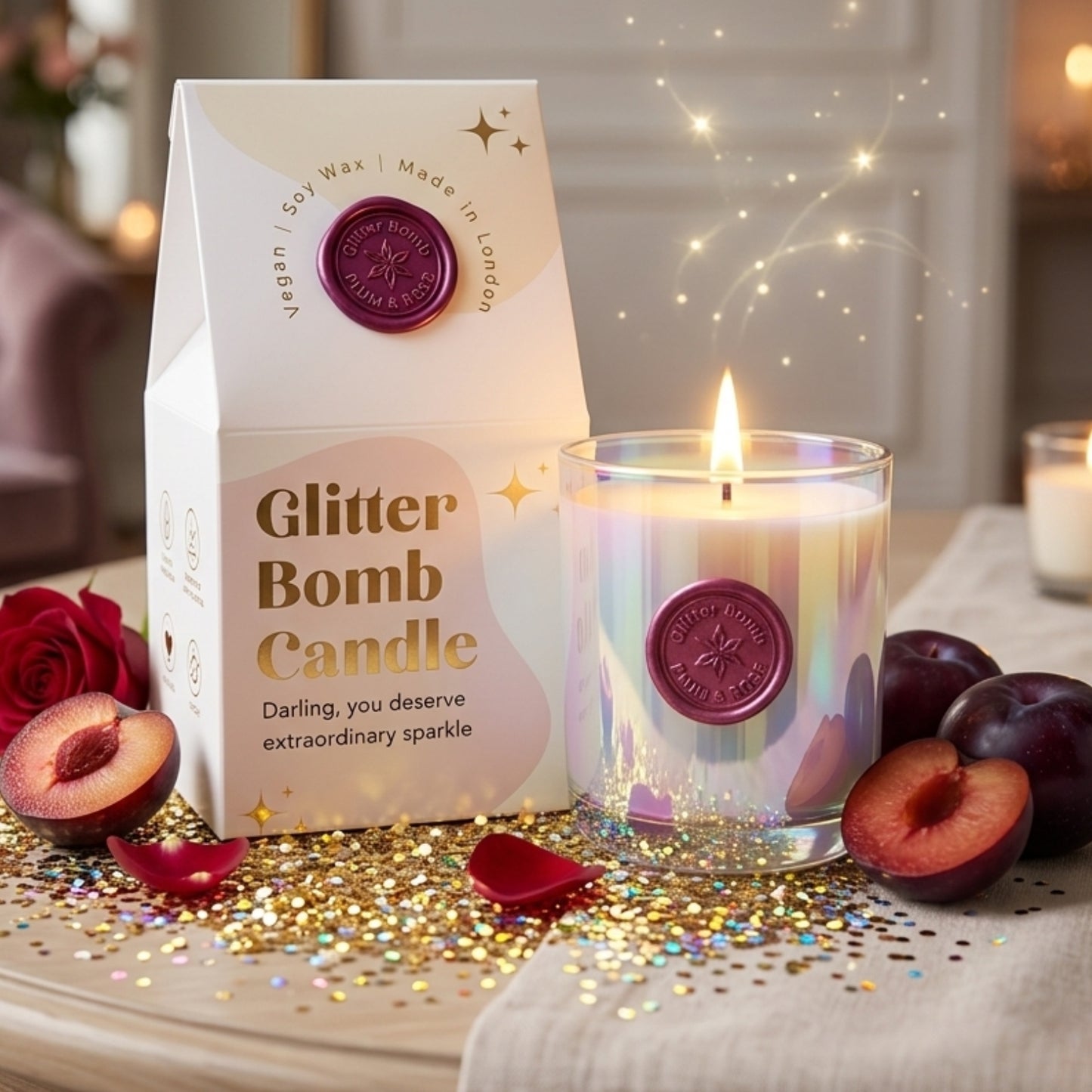 Plumphoria | Vela de Luxo Glitter Bomb™ com Aroma de Ameixa e Rosa 230g