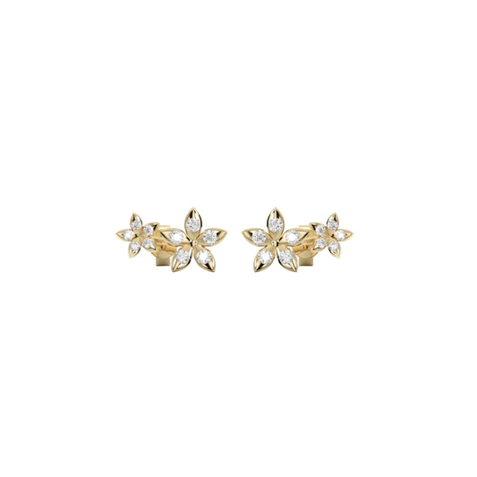 Bloomtine-mini-eternal-bloom-studs-earrings. A professional-close-up-shot of 18kt-gold-vermeil-flower-studs featuring a highly-polished botanical-blossom-design. These dainty-floral-earrings are crafted-from-925-sterling-silver-base-metal for a luxury-finish. This elegant-pair of gold-flower-studs is the perfect-jewellery-gift-idea-for-her, shown-on-a-clean-white-background to highlight the intricate-craftsmanship and small-scale-detailing of the Bloomtine-collection