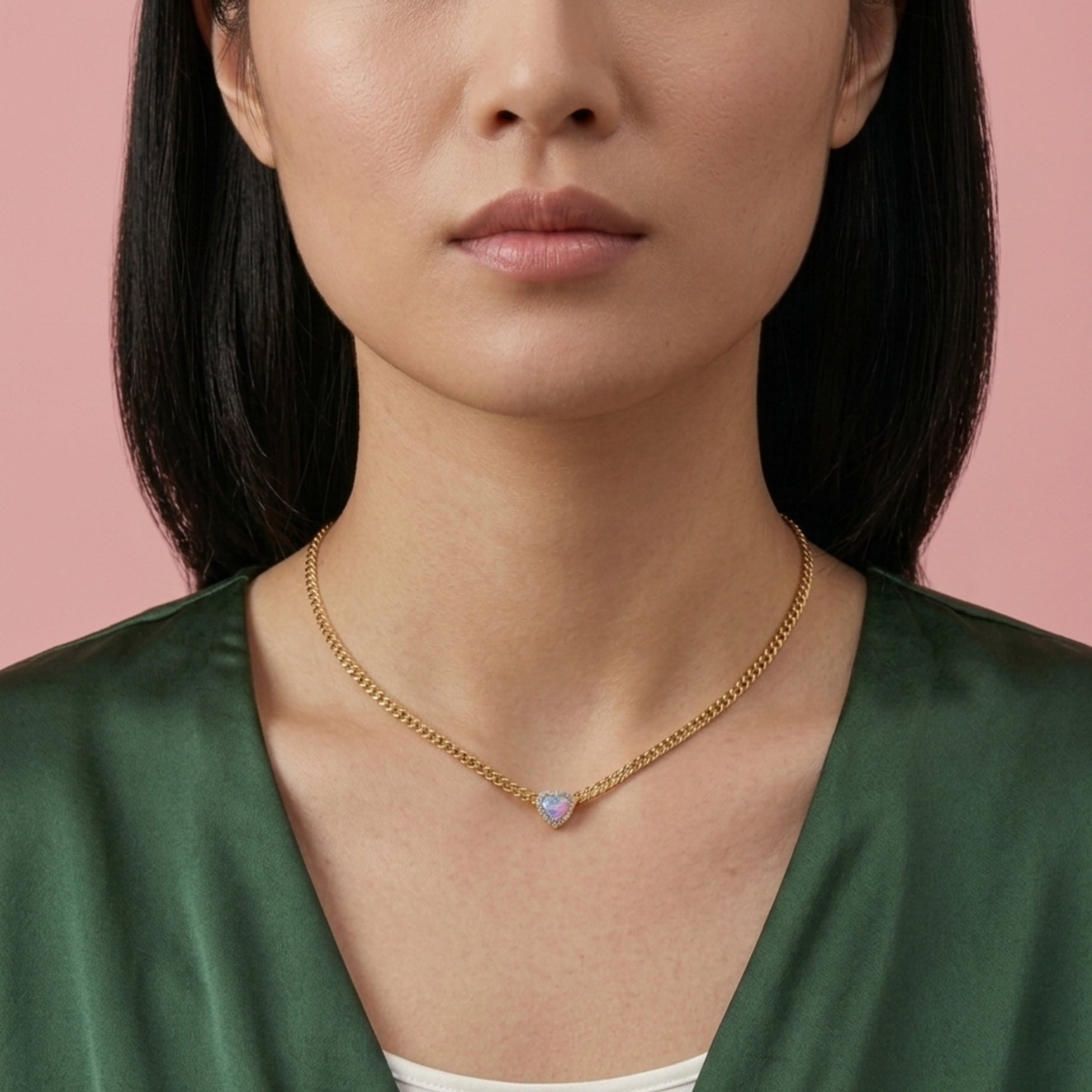 Model wearing waterproof 14k gold jewelry in water, demonstrating non-tarnish 316L steel durability.