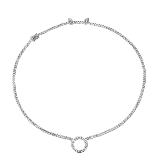 Bloomtine-Mini-Halo-Wings-sterling-silver-diamond-angel-choker. A professional-product-shot of a 925-sterling-silver-choker featuring a-central-halo-pendant set-with-two-scintillating-VVS-lab-grown-diamonds. The-unique-design includes-delicate-angel-wings that-serve-as-a-symbolic-backdrop. This-celestial-jewellery-piece is rhodium-plated for-maximum-durability and shine, displayed-on-a-clean-white-background. Perfect-as-a-sentimental-gift-for-her, this-choker represents-protection and divine-connection