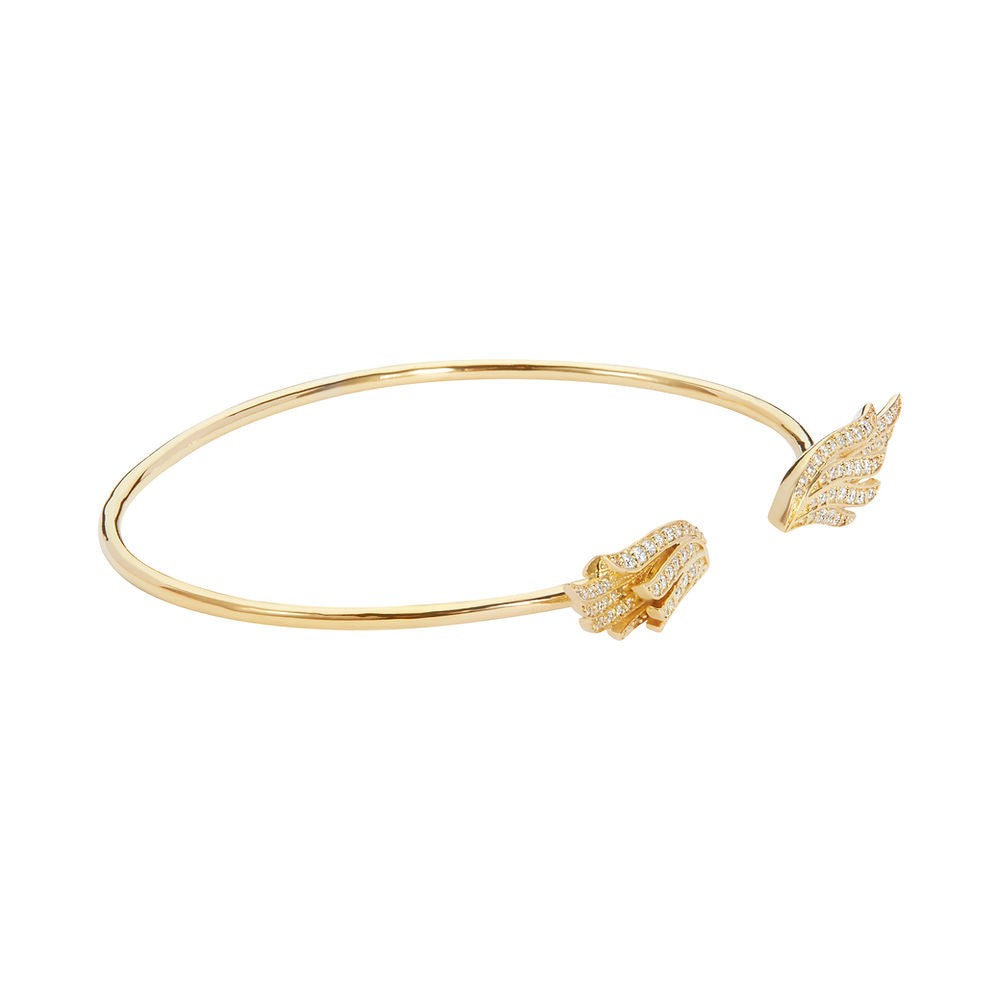 A BLOOMTINE Gold Vermeil Angel Wing Bangle, designed as a talisman for protection. This intricately detailed silver wing bangle is shown on a clean white background, highlighting the premium finish and the symbolic 'Extraordinary Human' craftsmanship.