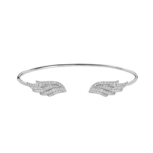 Silver bracelet with feather design on a white background. A BLOOMTINE Angel Wing Bangle in premium White Rhodium-plated Sterling Silver. Featuring 98 hand-set lab moissanites across two sculptural wings, this flexible open-cuff design creates a 360-degree cosmic fire, serving as a symbolic talisman for protection and grace