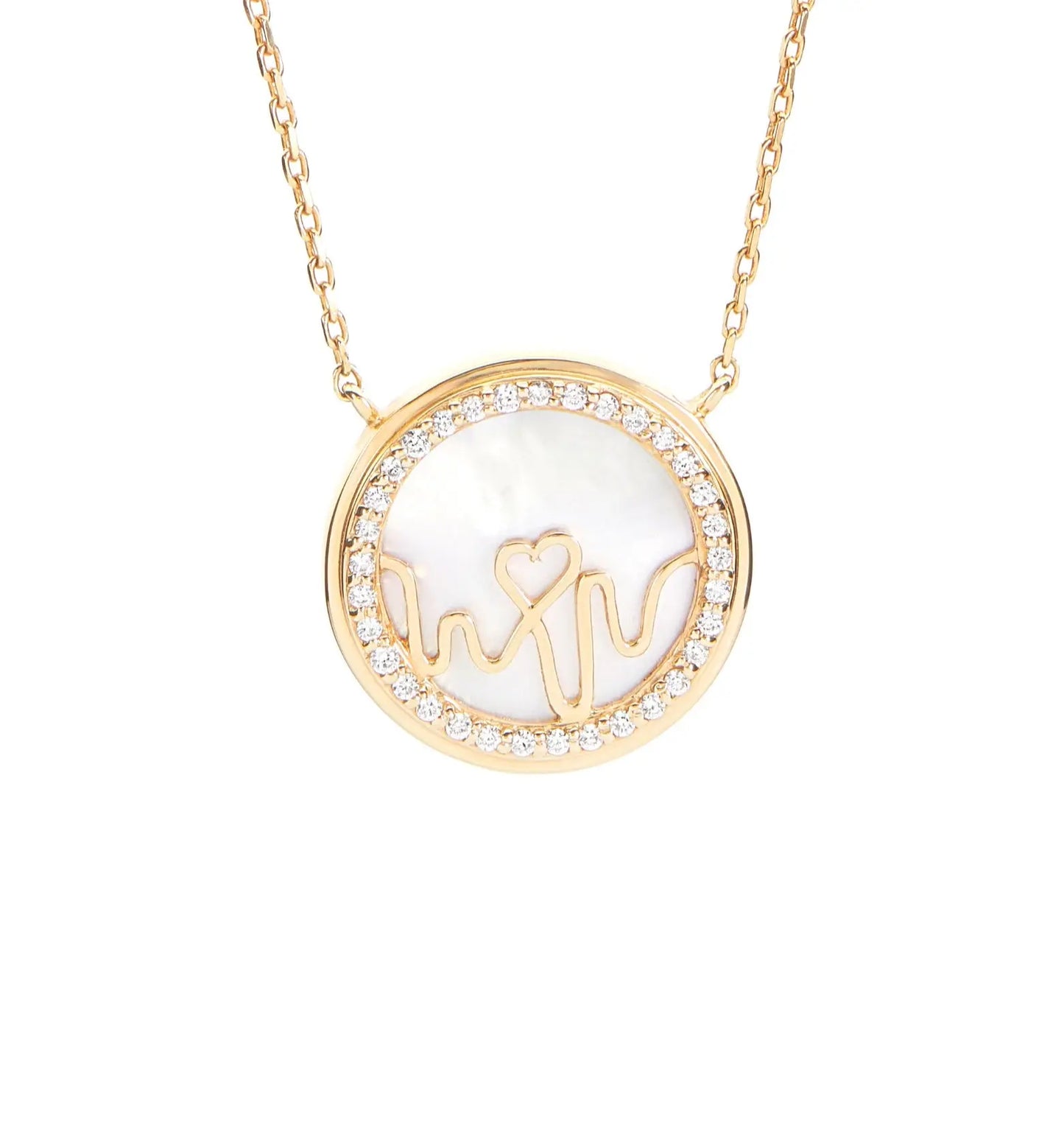 BLOOMTINE Earth Angel 18K yellow gold necklace featuring a 16mm circular mother of pearl pendant bordered by a halo of 33 round VS1 diamonds. A luxurious, meaningful gold gift