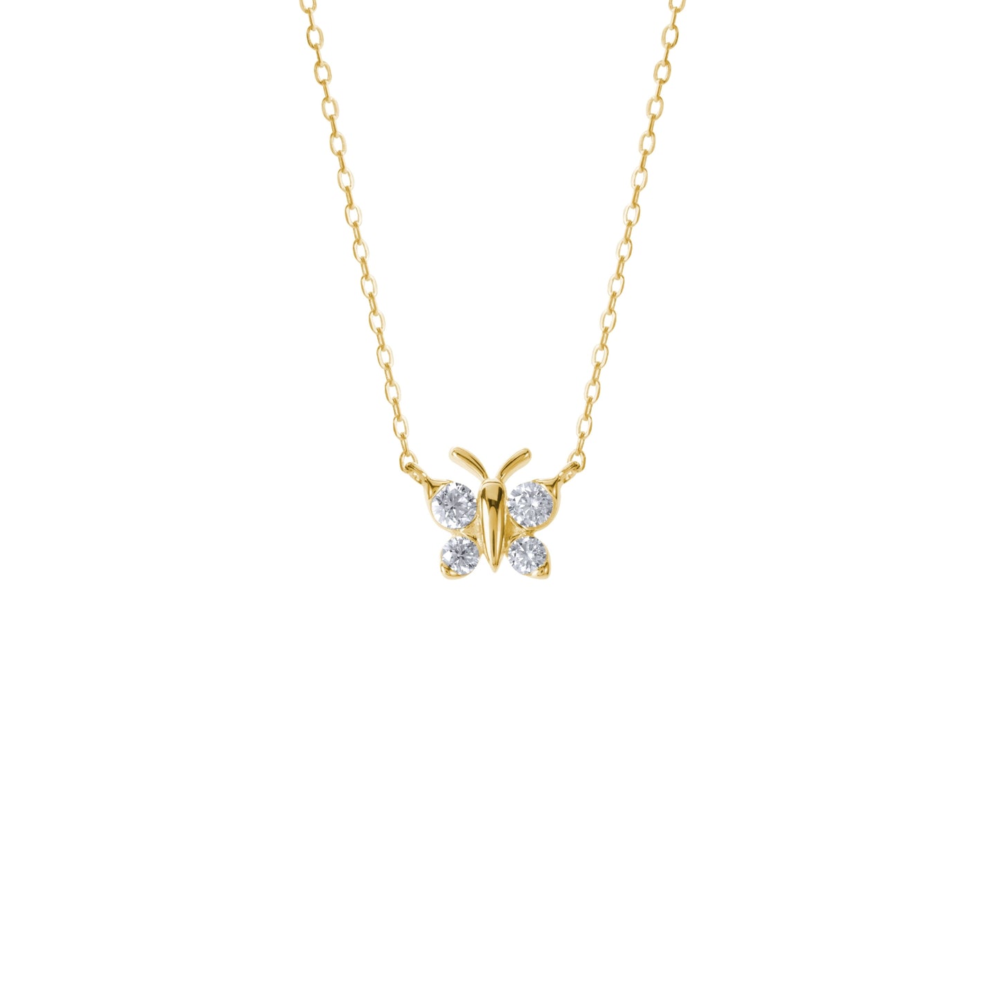 A BLOOMTINE Enchanting Flutterfly™ Necklace in 18k Gold Vermeil. This 9mm butterfly pendant features four brilliant-cut lab moissanites, designed as a symbolic talisman for transformation and resilience, shown on a clean white background to highlight its auric glow