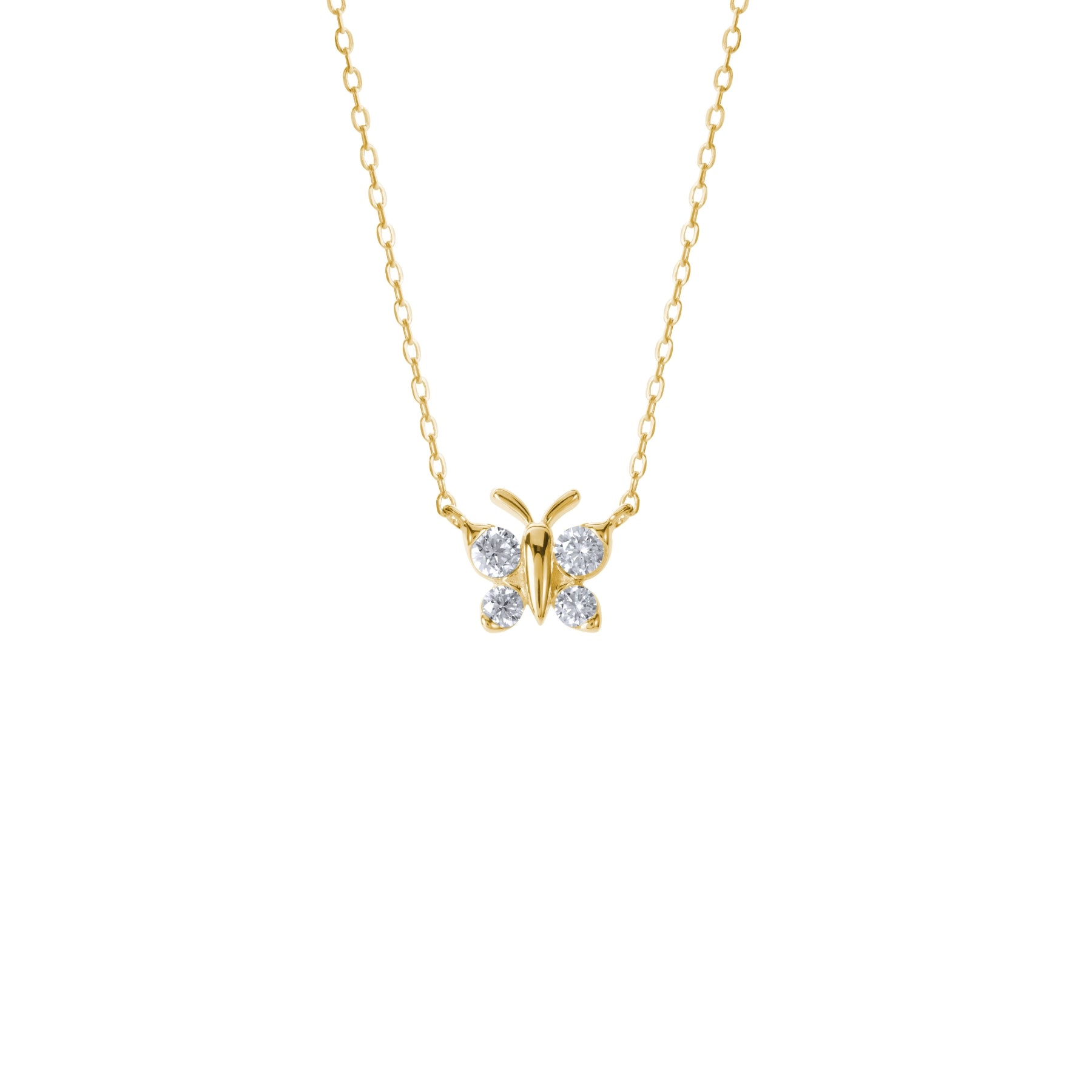 A BLOOMTINE Enchanting Flutterfly™ Necklace in 18k Gold Vermeil. This 9mm butterfly pendant features four brilliant-cut lab moissanites, designed as a symbolic talisman for transformation and resilience, shown on a clean white background to highlight its auric glow