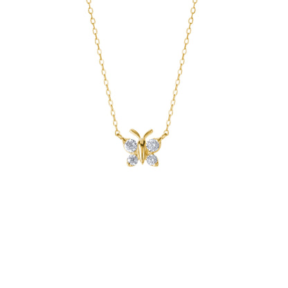 A BLOOMTINE Enchanting Flutterfly™ Necklace in 18k Gold Vermeil. This 9mm butterfly pendant features four brilliant-cut lab moissanites, designed as a symbolic talisman for transformation and resilience, shown on a clean white background to highlight its auric glow