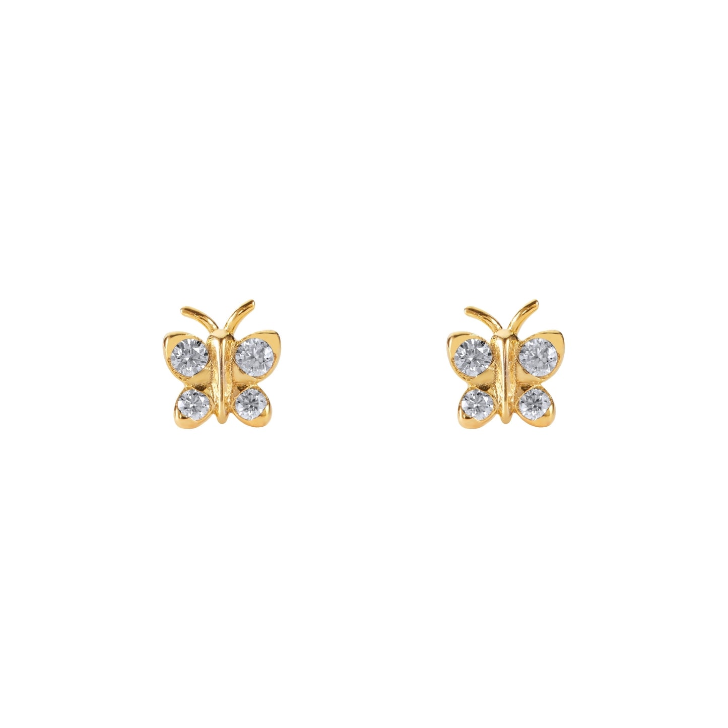 BLOOMTINE gold vermeil on sterling silver butterfly studs featuring brilliant-cut moissanite stones. These tarnish-resistant 'Enchanting Flutterfly™' earrings celebrate spiritual growth and effortless beauty, offering a sustainable luxury alternative to diamond butterfly studs