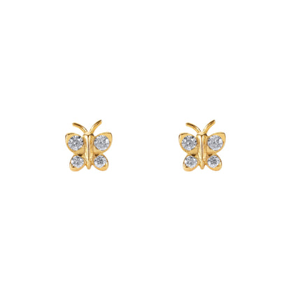 BLOOMTINE gold vermeil on sterling silver butterfly studs featuring brilliant-cut moissanite stones. These tarnish-resistant 'Enchanting Flutterfly™' earrings celebrate spiritual growth and effortless beauty, offering a sustainable luxury alternative to diamond butterfly studs