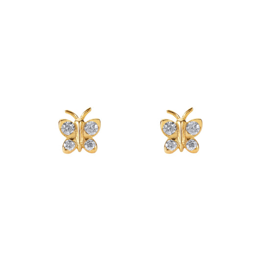 BLOOMTINE gold vermeil on sterling silver butterfly studs featuring brilliant-cut moissanite stones. These tarnish-resistant 'Enchanting Flutterfly™' earrings celebrate spiritual growth and effortless beauty, offering a sustainable luxury alternative to diamond butterfly studs