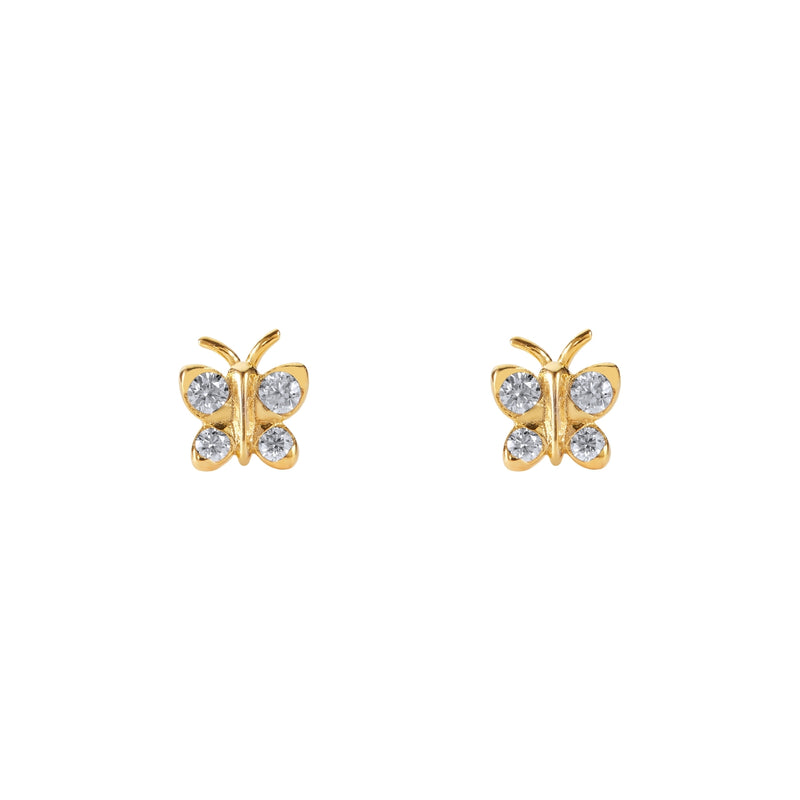 BLOOMTINE gold vermeil on sterling silver butterfly studs featuring brilliant-cut moissanite stones. These tarnish-resistant 'Enchanting Flutterfly™' earrings celebrate spiritual growth and effortless beauty, offering a sustainable luxury alternative to diamond butterfly studs