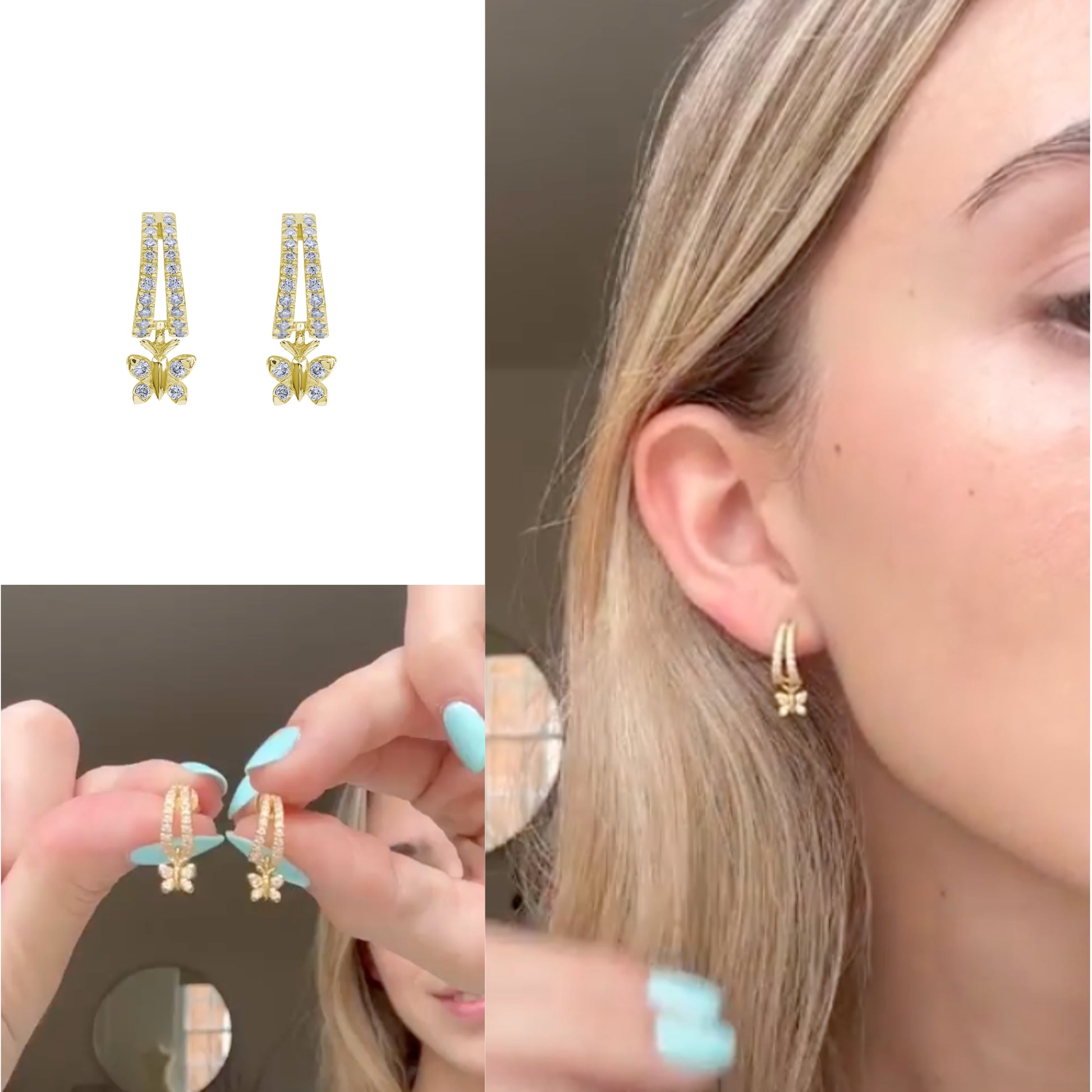 Enchanting Flutterfly™ Sterling Silver Butterfly Huggies image 2. 
"BLOOMTINE Enchanting Flutterfly™ Huggie Hoops in premium gold vermeil. Featuring signature butterfly charms set with brilliant-cut lab moissanites, these tarnish-resistant earrings symbolize transformation and the 'Extraordinary Human' spirit. modelled on member of staff