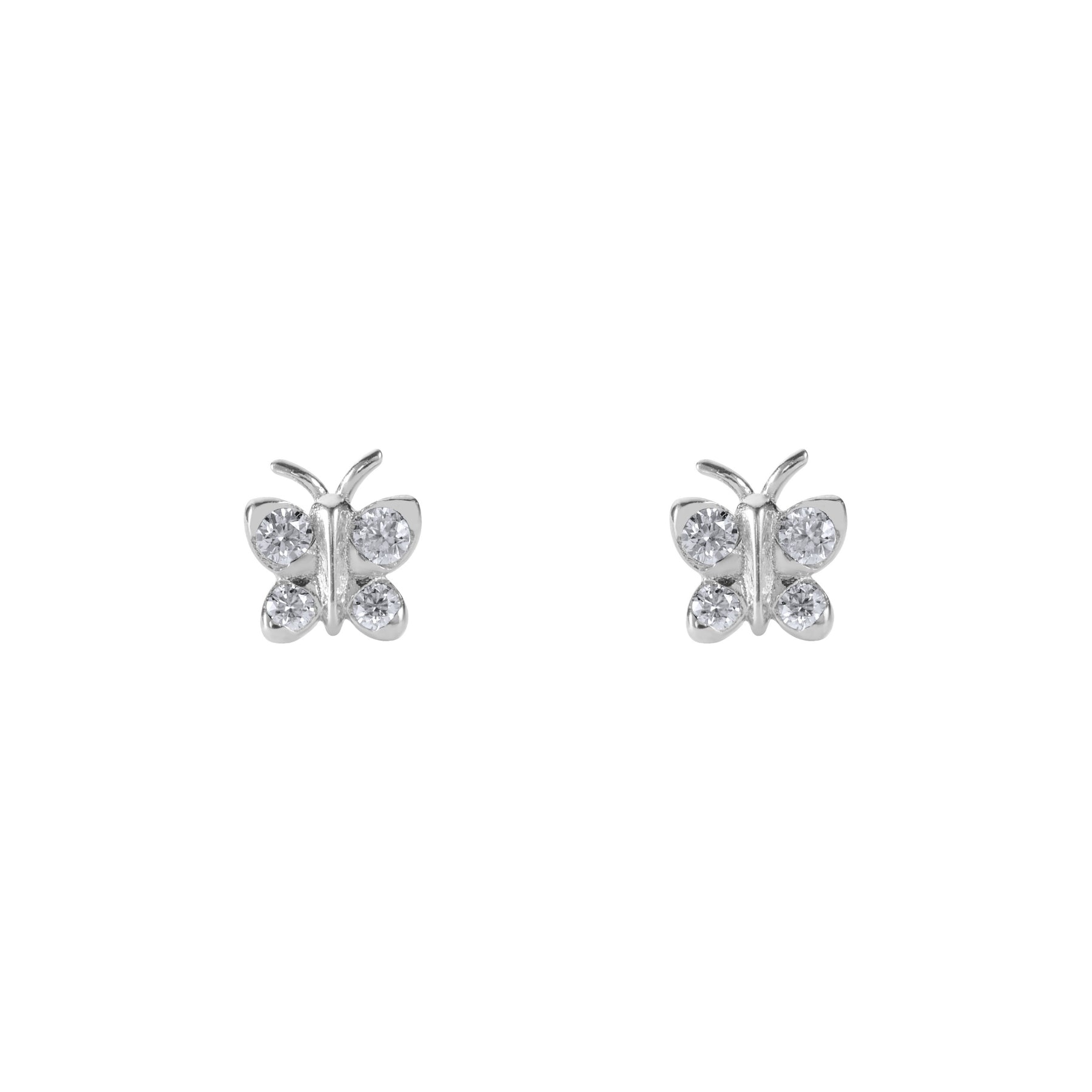 Butterfly-shaped earrings on a white background. Petite BLOOMTINE Enchanting Flutterfly™ Stud Earrings in 925 Sterling Silver. Each 5x5mm butterfly is set with four sustainable lab-grown moissanites, symbolizing transformation and resilience for a magnificent daily jewelry ritual