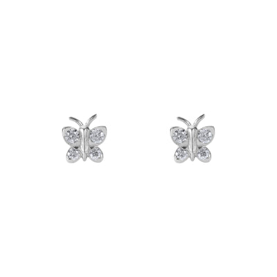 Butterfly-shaped earrings on a white background. Petite BLOOMTINE Enchanting Flutterfly™ Stud Earrings in 925 Sterling Silver. Each 5x5mm butterfly is set with four sustainable lab-grown moissanites, symbolizing transformation and resilience for a magnificent daily jewelry ritual