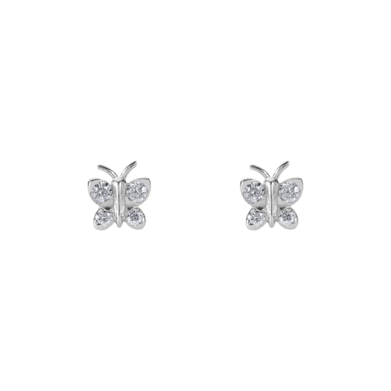Butterfly-shaped earrings on a white background. Petite BLOOMTINE Enchanting Flutterfly™ Stud Earrings in 925 Sterling Silver. Each 5x5mm butterfly is set with four sustainable lab-grown moissanites, symbolizing transformation and resilience for a magnificent daily jewelry ritual