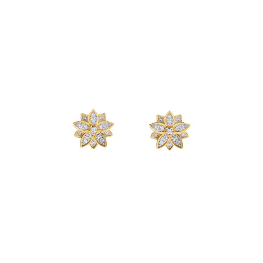 Gold flower-shaped earrings with clear stones on a white background. Solid 14K yellow gold lotus earrings by BLOOMTINE with VS1 brilliant-cut diamonds. Featuring an 8mm architectural 3D design and secure butterfly backs, these hallmarked fine jewelry studs are the quintessential milestone gift for anniversaries and birthdays