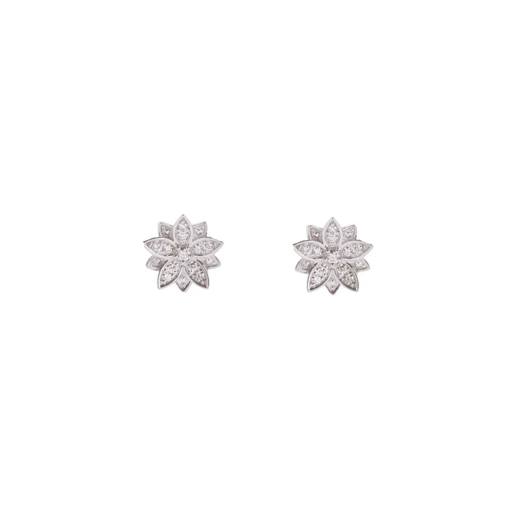 A macro close-up of the BLOOMTINE Eternal Bloom 14K white gold earrings. A pair of 3D layered diamond lotus earrings featuring 12 encrusted round VS1 diamonds with secure butterfly push backs.