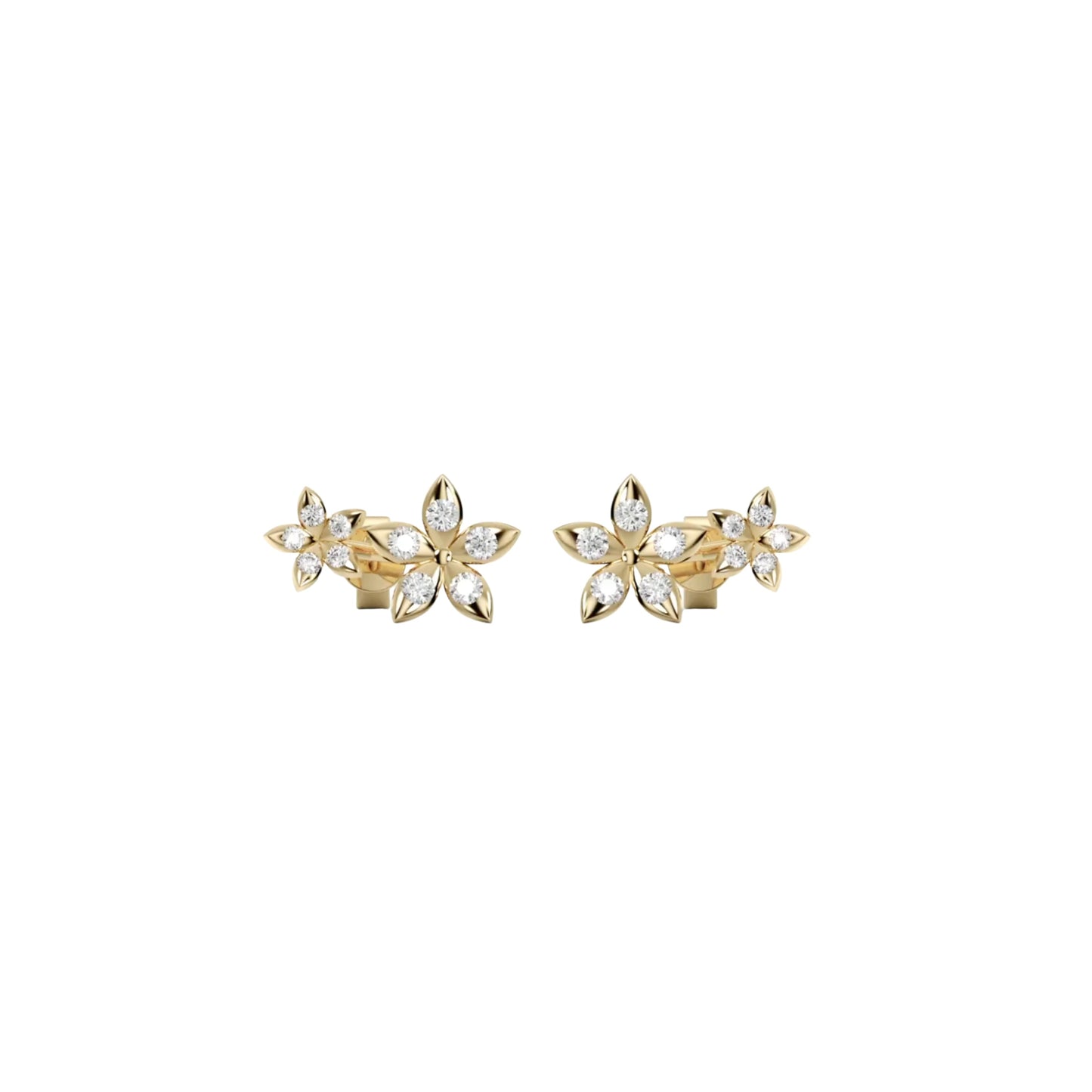 BLOOMTINE Eternal Bloom gold earrings featuring 11mm flower ear climbers in gold vermeil with moissanite accents. Elegant botanical gold earrings designed to curve along the earlobe