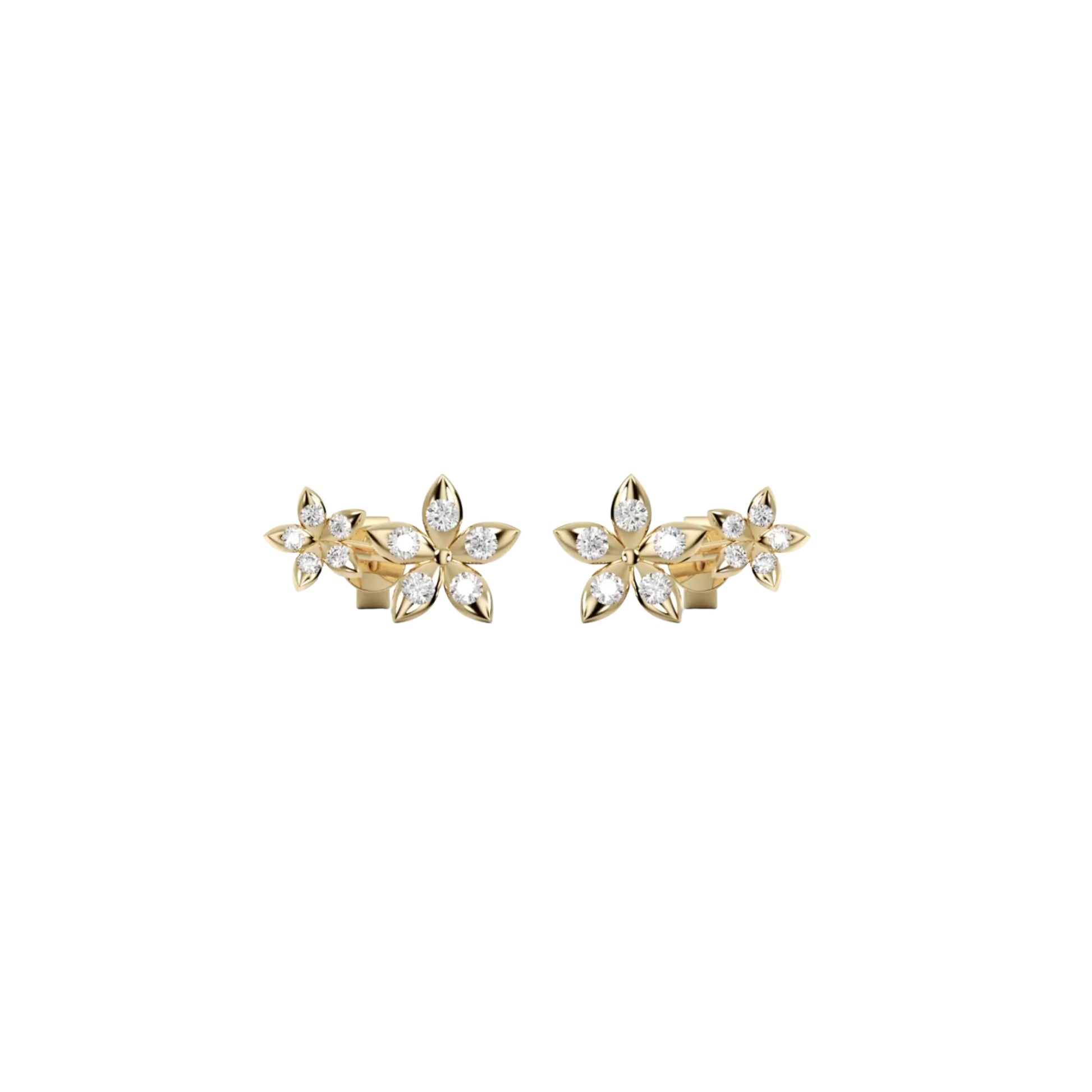 BLOOMTINE Eternal Bloom gold earrings featuring 11mm flower ear climbers in gold vermeil with moissanite accents. Elegant botanical gold earrings designed to curve along the earlobe