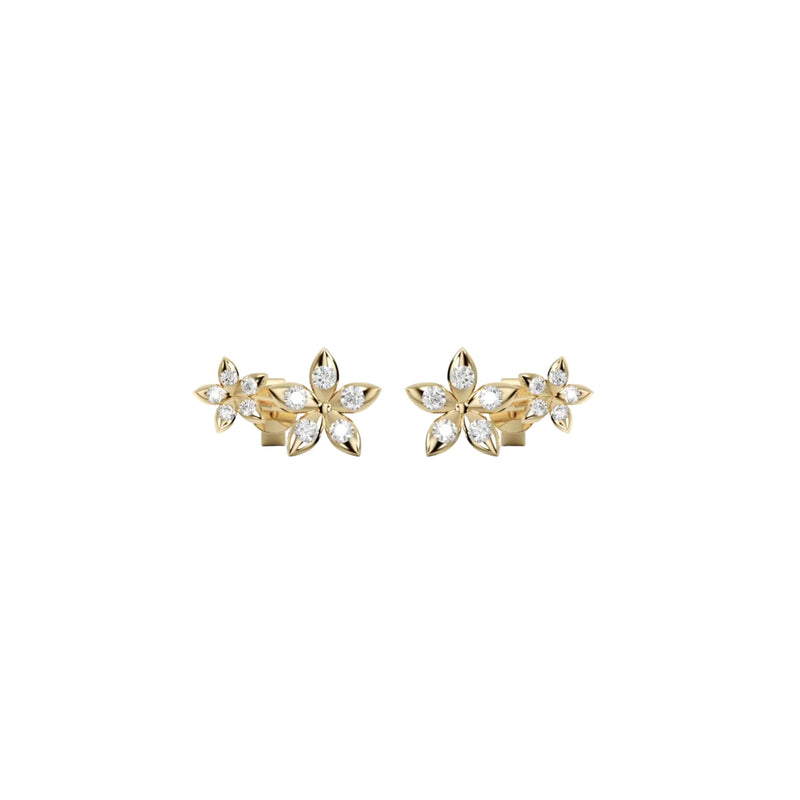 BLOOMTINE Eternal Bloom gold earrings featuring 11mm flower ear climbers in gold vermeil with moissanite accents. Elegant botanical gold earrings designed to curve along the earlobe