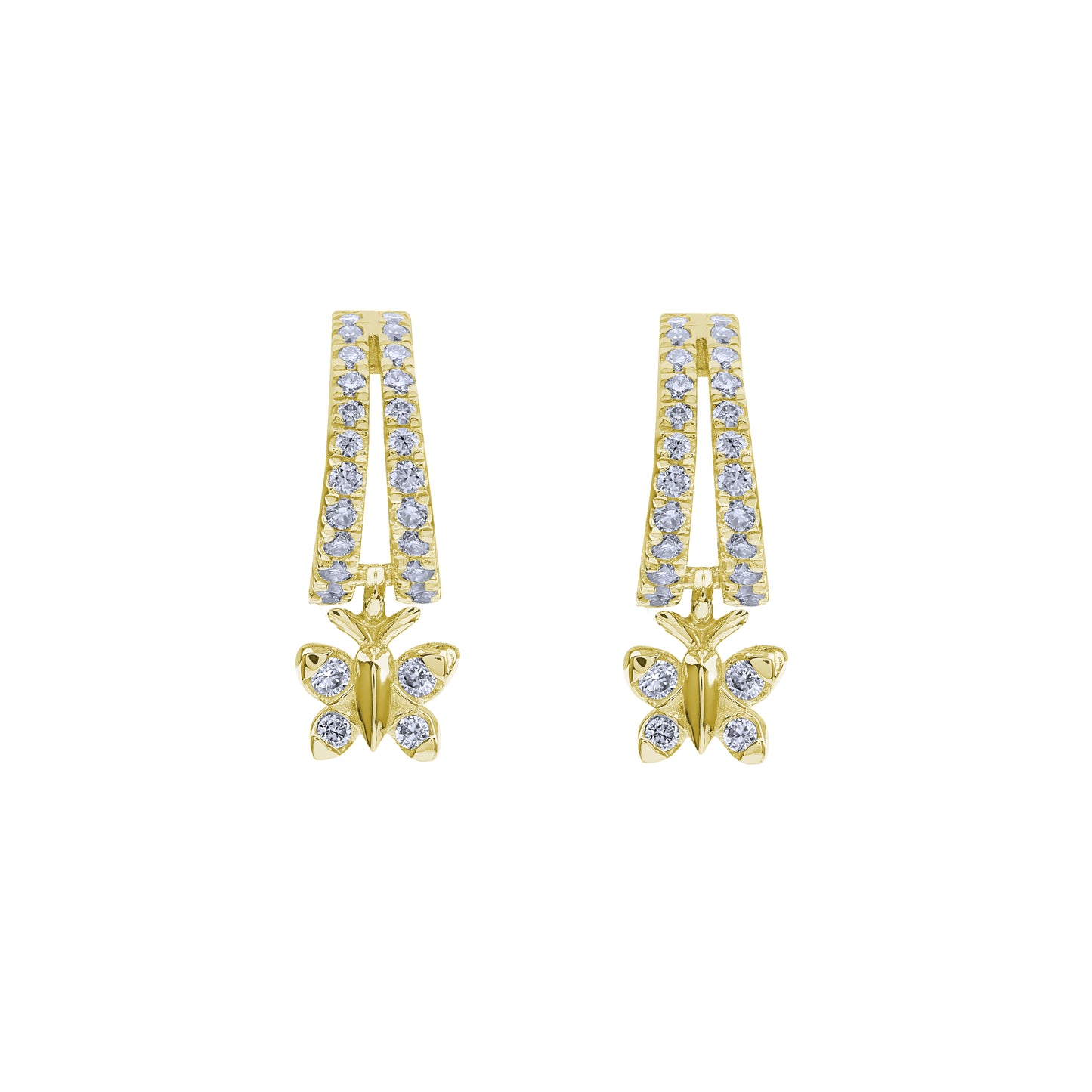 BLOOMTINE Enchanting Flutterfly™ Huggie Earrings in 18k Gold Vermeil. These symbolic butterfly charms, set with brilliant lab-grown moissanites, represent transformation and resilience, providing a mesmerizing sparkle that moves with the wearer