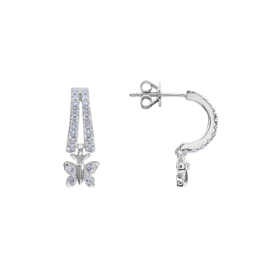 BLOOMTINE Enchanting Flutterfly™ Butterfly Huggies in premium sterling silver. Coated in tarnish-resistant white rhodium for a mirror-like shine, these moissanite-studded hoops symbolize transformation and resilience with extraordinary light refraction