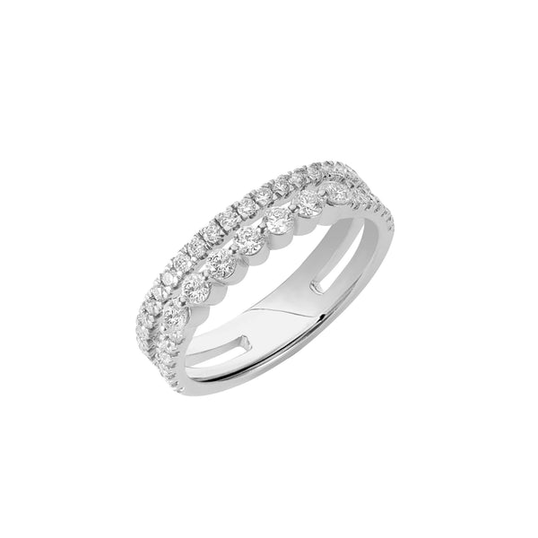 The BLOOMTINE Illuminess™ Sterling Silver Combi Ring featuring a unique fused two-in-one design. This copyrighted architecture combines a pavé band with a bezel-set lab moissanite, finished in tarnish-resistant white rhodium for a mesmerizing, high-impact stack look
