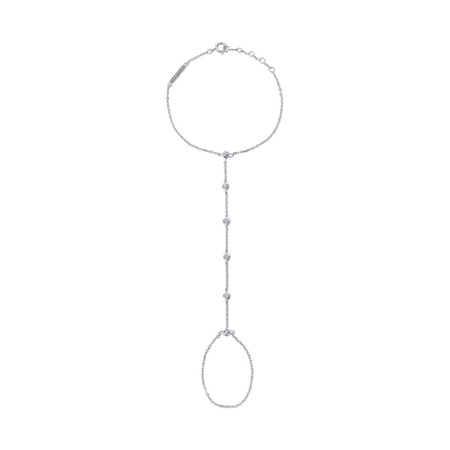 Silver necklace with a chain and pendant on a white background. The BLOOMTINE Illuminess™ Diamond Hand Chain in White Rhodium-plated Sterling Silver. This dainty hand harness features 6 brilliant-cut lab diamonds on a diamond-cut cable chain, designed to shimmer across the hand and wrist for a celebrity-inspired goddess glow