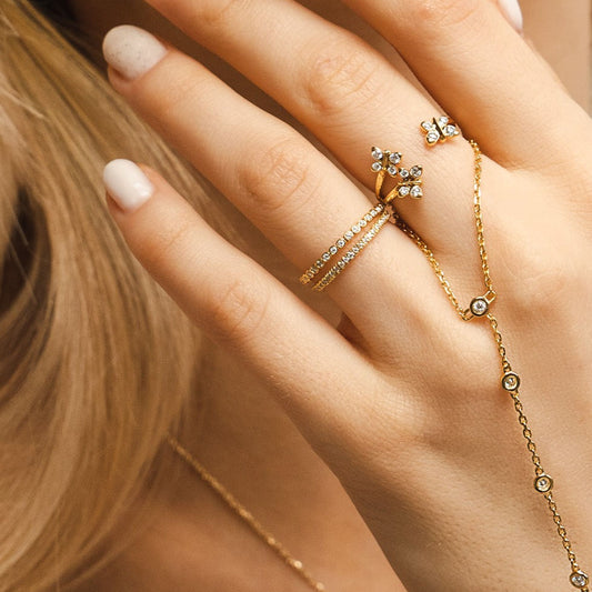 Illuminess™ Gold Vermeil French Pave Eternity Stacking Ring BLOOMTINE | Earth Angel HQ. BLOOMTINE Illuminess gold eternity ring in 14K gold vermeil. A 1.2mm gold stacking ring featuring French Pavé moissanites. Tarnish-resistant and ethical gold vermeil jewelry