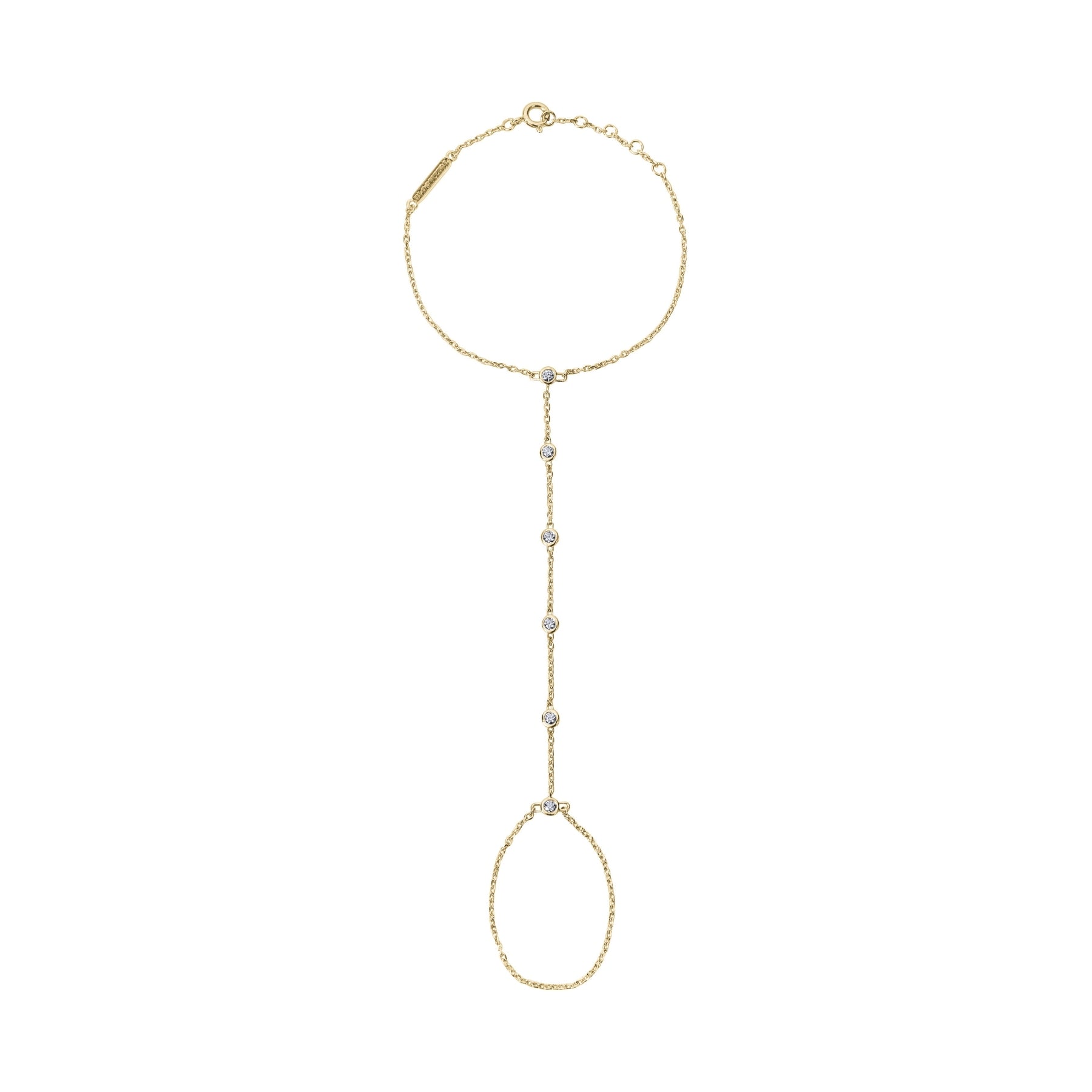 BLOOMTINE Illuminess gold vermeil hand chain set with ultra-sparkly lab-grown moissanite. A dainty 14K gold plated moissanite finger bracelet and hand harness accessory