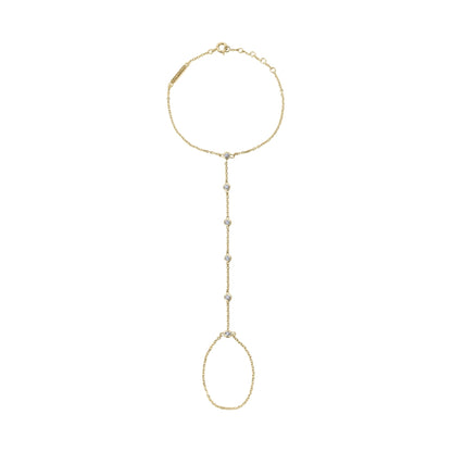 BLOOMTINE Illuminess gold vermeil hand chain set with ultra-sparkly lab-grown moissanite. A dainty 14K gold plated moissanite finger bracelet and hand harness accessory