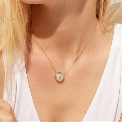 Bloomtine-set-of-necklaces-with-round-pendants. A professional-product-arrangement of multiple-necklaces featuring-circular-heart-medallion-charms on a crisp-white-background. This-collection includes-both-18kt-gold-vermeil, showcasing minimalist-round-pendants on fine-adjustable-chains. Ideal-for-jewellery-layering, these-versatile-necklaces are designed-for-gifting and highlight the-polished-finish and botanical-engravings of the-Bloomtine-Loves-Frequency-signature-collecti