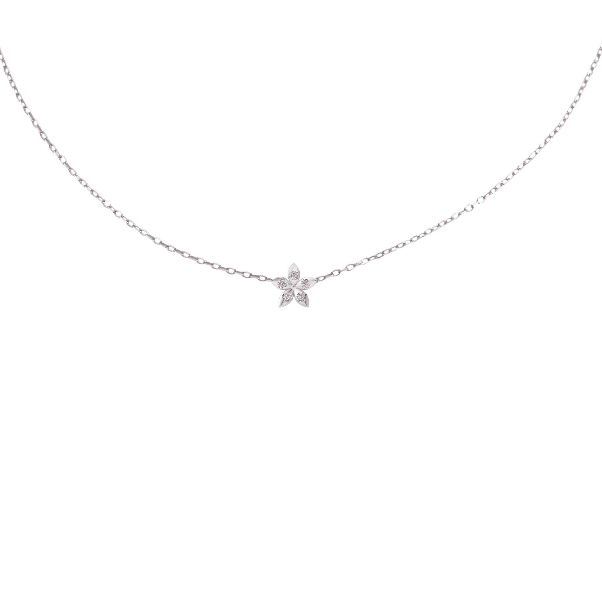 BLOOMTINE Mini Eternal Bloom sterling silver necklace featuring a 10mm flower pendant with a moissanite center. A dainty, handcrafted silver necklace on an adjustable chain for layering.