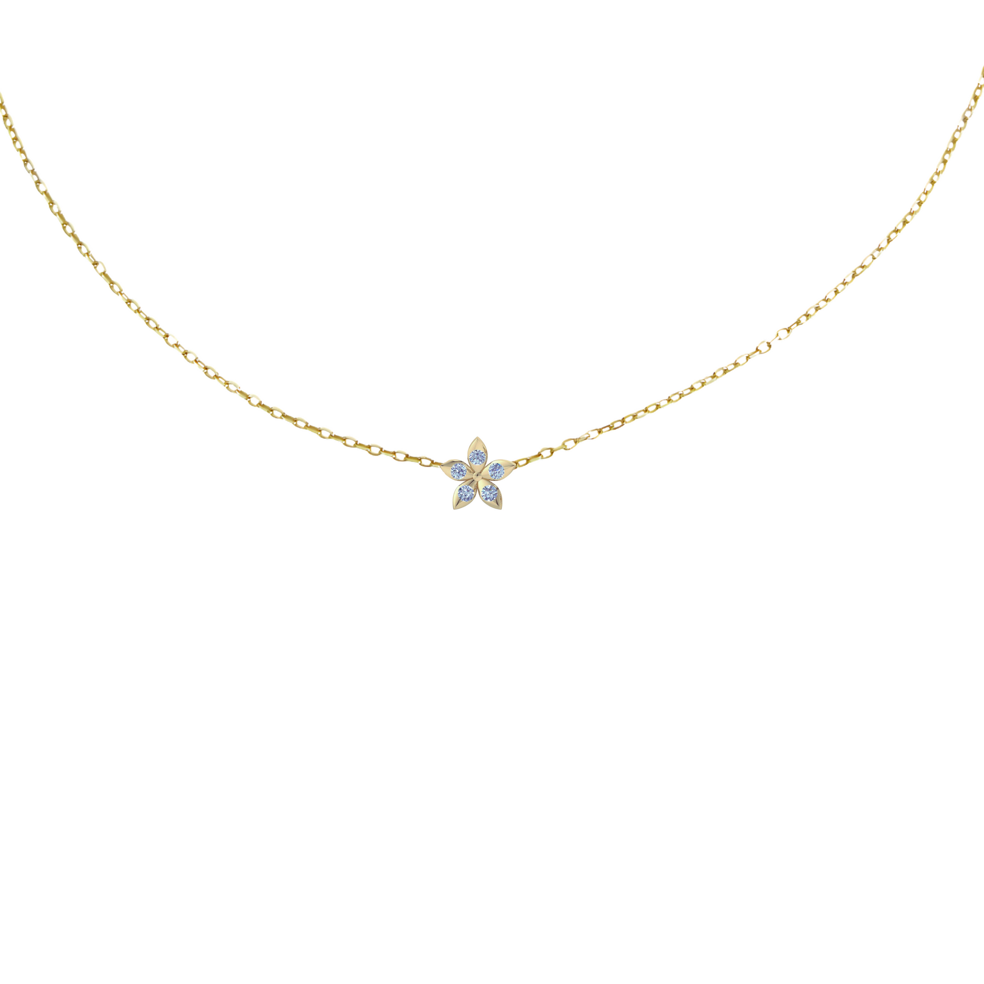 BLOOMTINE Mini Eternal Bloom gold necklace featuring a 10mm gold vermeil flower pendant with a moissanite center. A dainty, handcrafted gold necklace on an adjustable chain