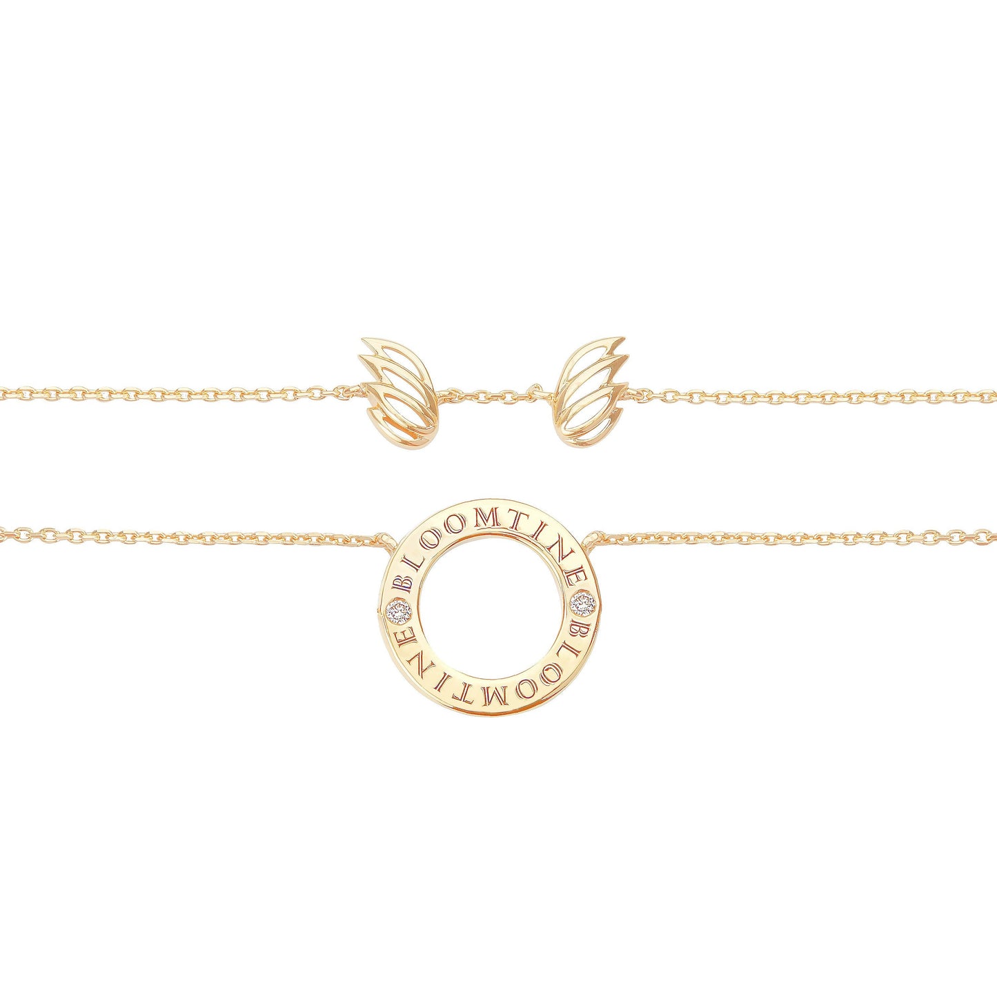 BLOOMTINE Mini Halo Wings gold angel necklace in 14K yellow gold vermeil. A 15mm halo pendant featuring two lab-grown diamonds and a unique angel wings pendant backing. Mini Halo Wings™ Diamond Gold Vermeil Angel Necklace BLOOMTINE | Earth Angel HQ