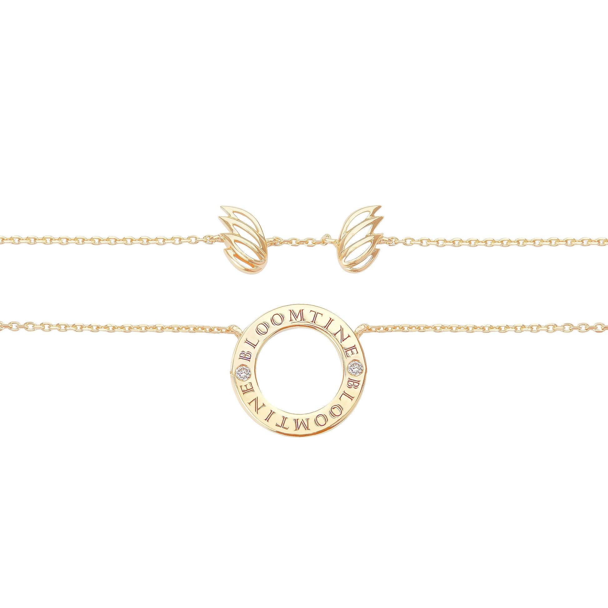 BLOOMTINE Mini Halo Wings gold angel necklace in 14K yellow gold vermeil. A 15mm halo pendant featuring two lab-grown diamonds and a unique angel wings pendant backing. Mini Halo Wings™ Diamond Gold Vermeil Angel Necklace BLOOMTINE | Earth Angel HQ