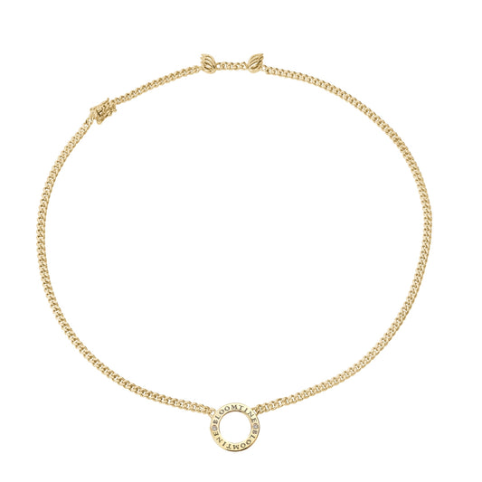 A BLOOMTINE Mini Halo Wings™ Choker in 14K Gold Vermeil. This innovative 360-degree design features a front-facing VVS lab-grown diamond halo and signature angel wings at the clasp, handcrafted to illuminate the extraordinary human from every angle.