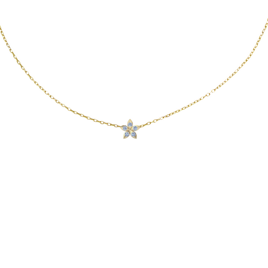 Small gold flower pendant necklace by Bloomtine. High-quality 18k gold vermeil jewelry for women, featuring a minimalist botanical blossom design on a white background