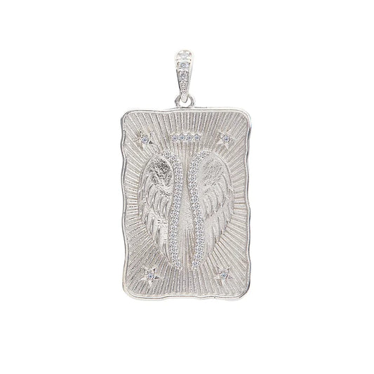 BLOOMTINE Angel Wing Necklace in tarnish-resistant sterling silver. This spiritual protection talisman features a highly detailed wing pendant on a dainty silver chain, perfect as a meaningful jewelry gift for strength and guidance, photographed against a minimalist white backdrop