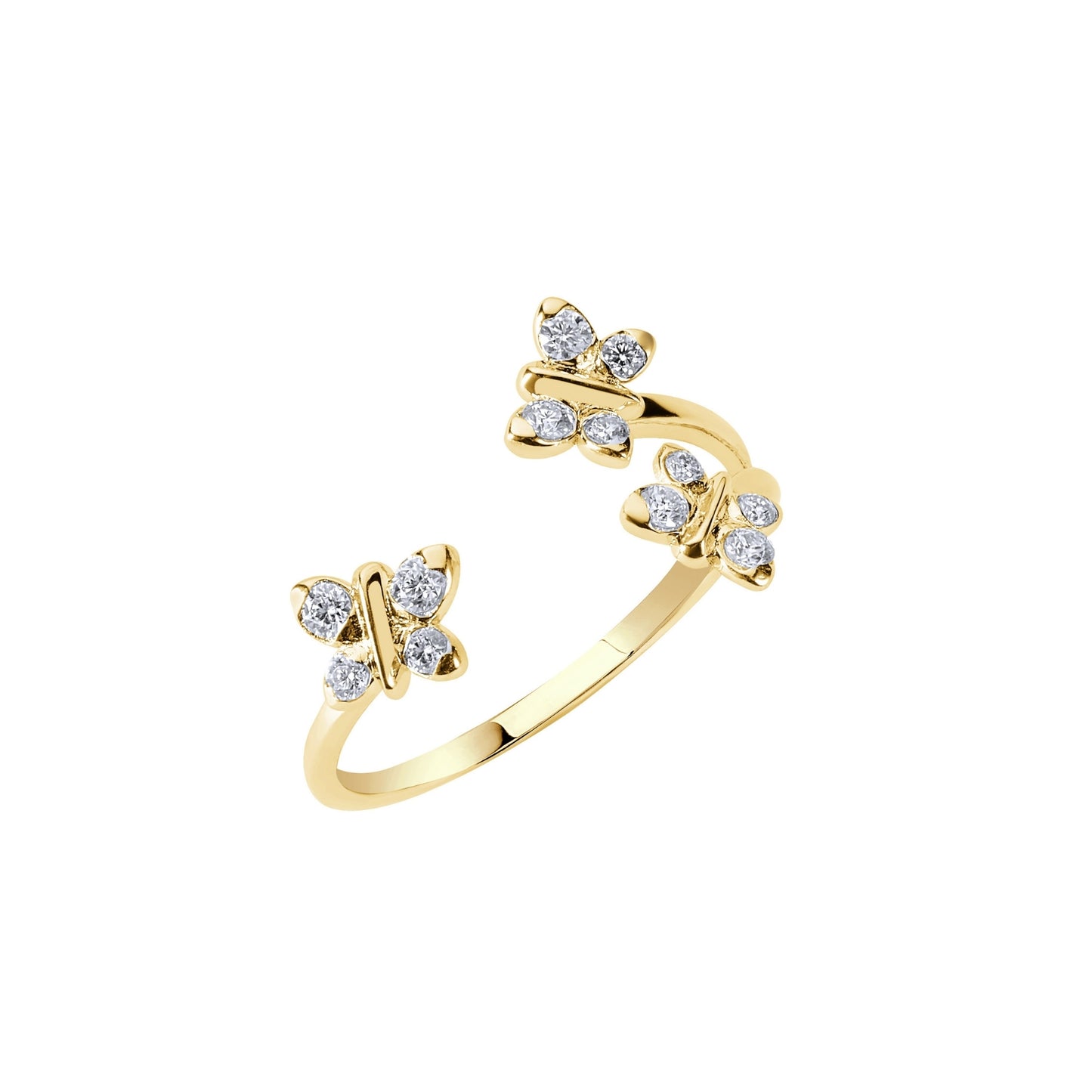 Gold ring with butterfly designs and small diamonds on a white background. A BLOOMTINE Trio Butterfly Ring in 14K Gold Vermeil. This signature design features three delicate butterflies set with 12 scintillating lab-grown moissanites, symbolizing triple the grace, resilience, and spiritual transformation in a rich auric glow